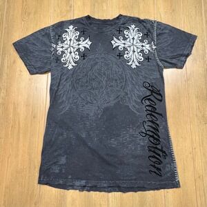 Raw State Mens XL T-Shirt Gothic Cross Graphic Acid Wash Redemption Black Tee